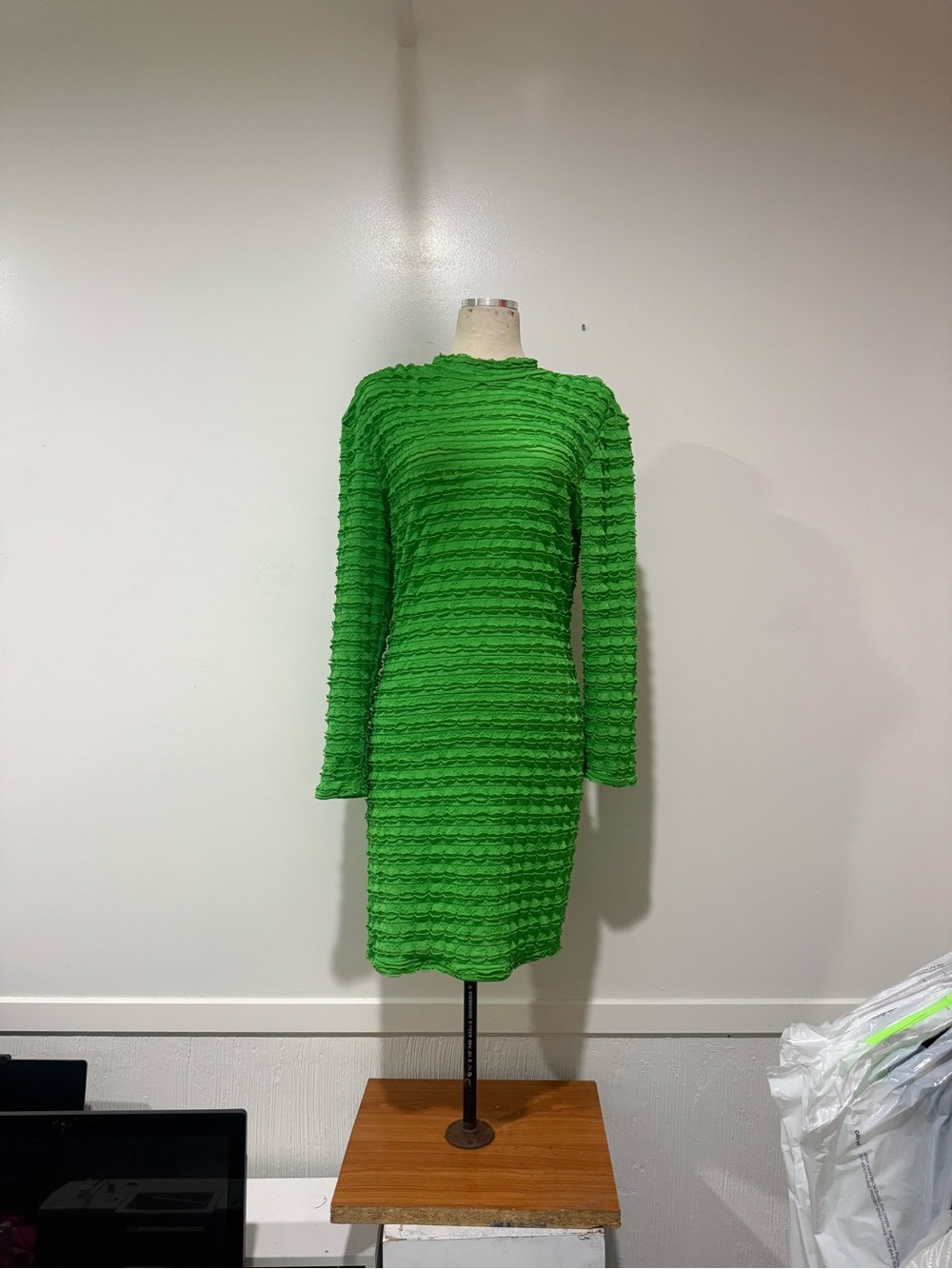 Bright Green Long-Sleeve Textured Midi Dress